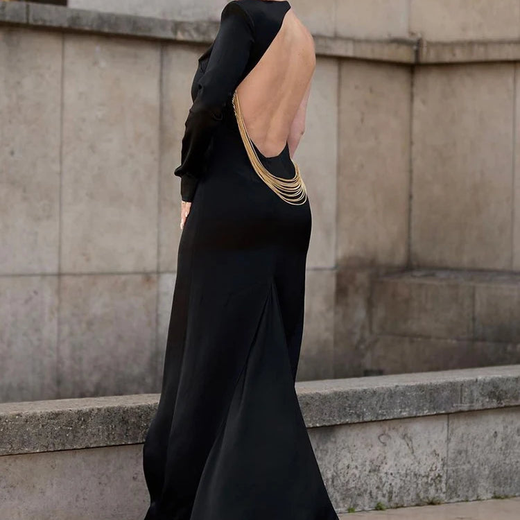 Evening Dresses For Women Sexy Backless Chain Design One Shoulder Long Sleeve Maxi Black Gown 2024 Summer Fashion