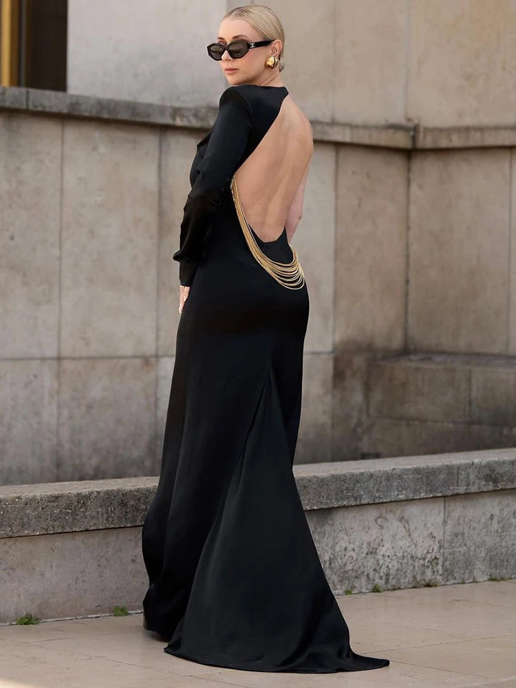 Evening Dresses For Women Sexy Backless Chain Design One Shoulder Long Sleeve Maxi Black Gown 2024 Summer Fashion