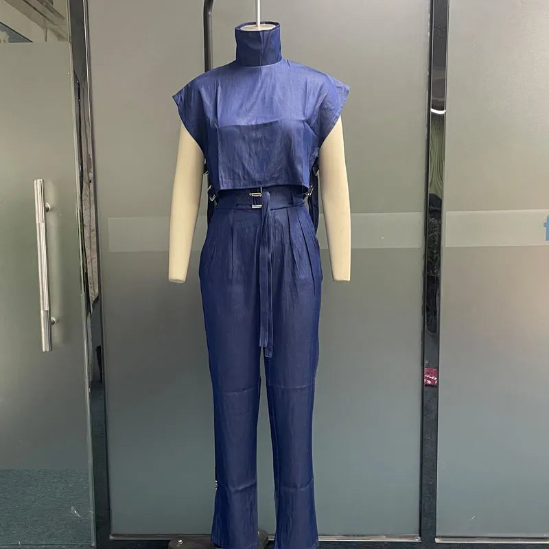 Waytobele Women Two Piece Set Summer Fashion Office Solid High Neck Short Sleeve Top Straight With Pockets Buckle Pants Sets