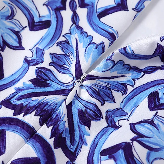 Runway Summer Short Dress Women's O-Neck Sleeveless Yellow Blue And White Porcelain Flower Print Holiday Tank Mini Vestidos