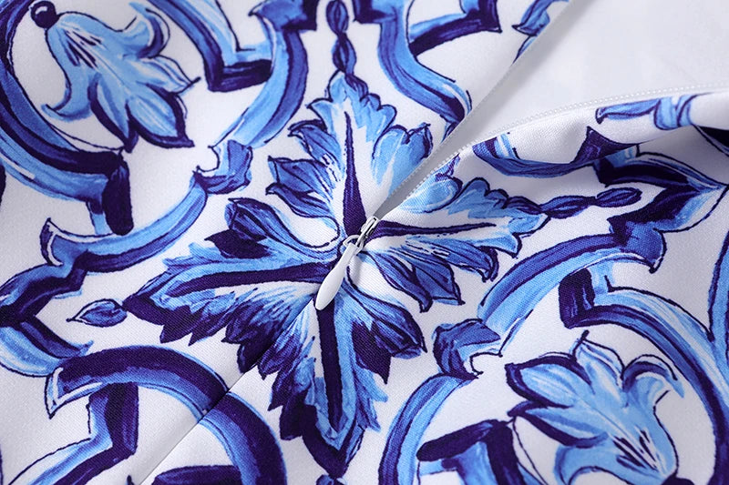 Runway Summer Short Dress Women's O-Neck Sleeveless Yellow Blue And White Porcelain Flower Print Holiday Tank Mini Vestidos