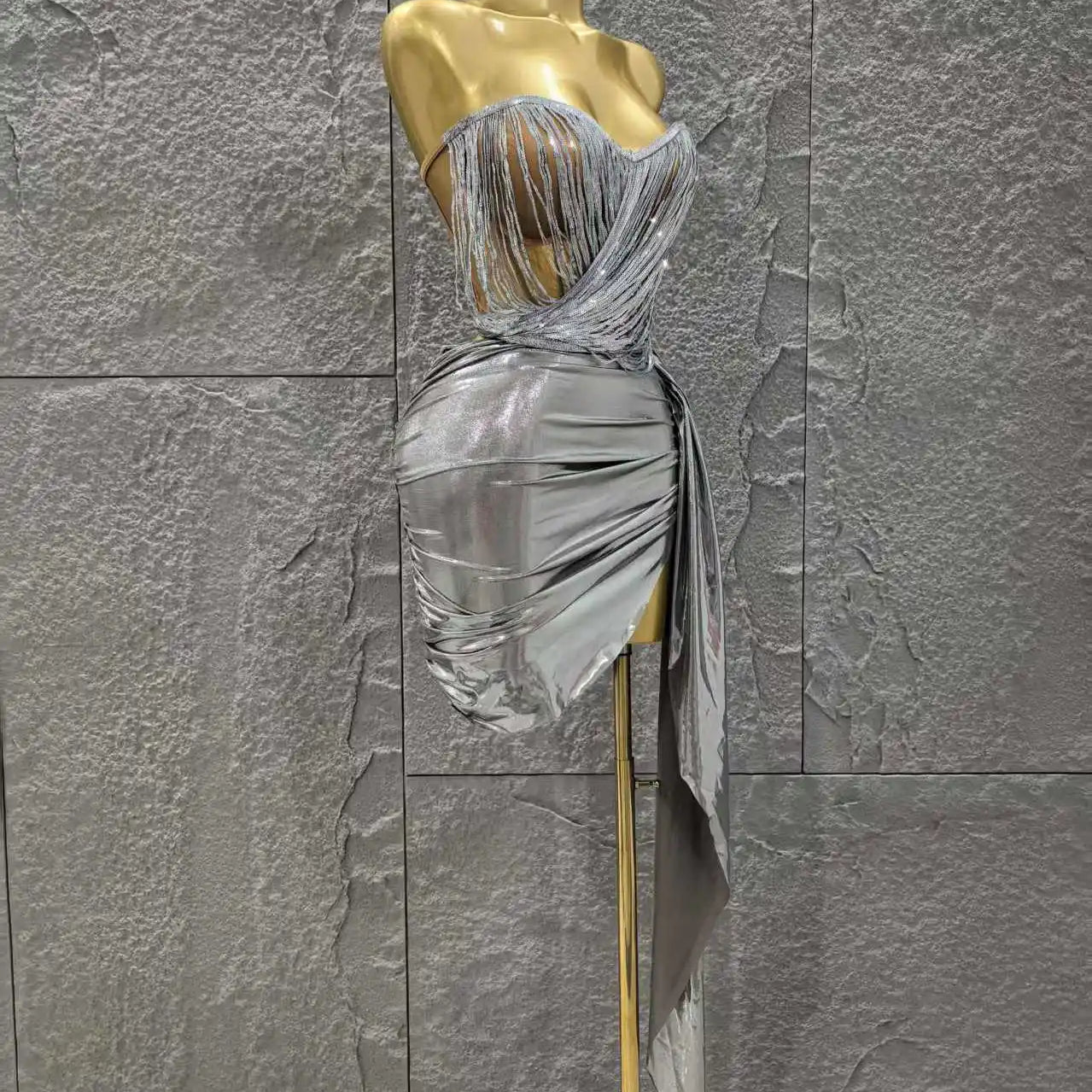 STOCK Women Sexy Strapless 2 Pieces Bodycon Mini Dress Celebrate Nightclub Party Bar Singer Performance Costume Stage Wear