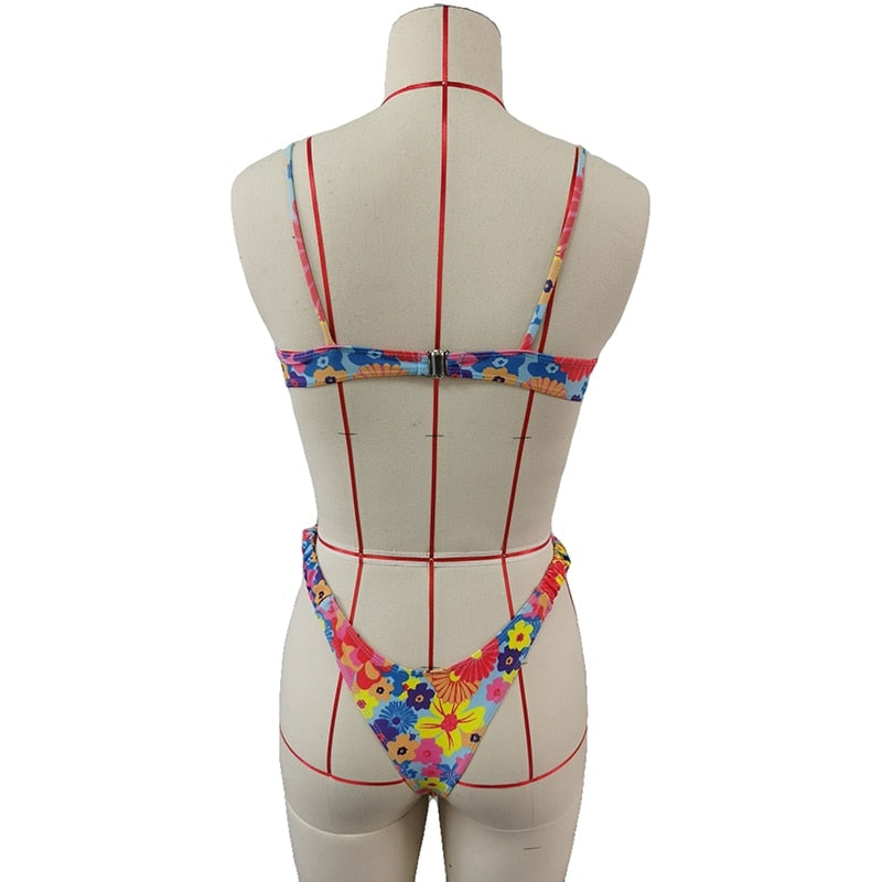 Sexy Bikini Swims Summer Printing Drawstring Backless Lace Up Bathing Suit Swimwear For Female