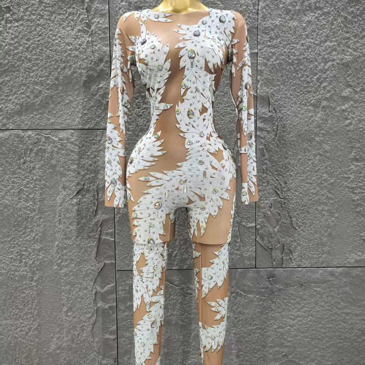 Wholesale Women Sexy Long Sleeve Shinning Rhinestones Bodycon Jumpsuit Celebrate Nightclub Party Performance Costume Stage Wear WHITE