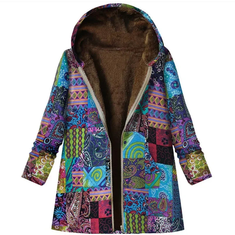 Thickened Zipper Hooded Coat Coat Coat Autumn and Winter New Cotton and Hemp Coat Women's Vintage Warm Printing Pocket