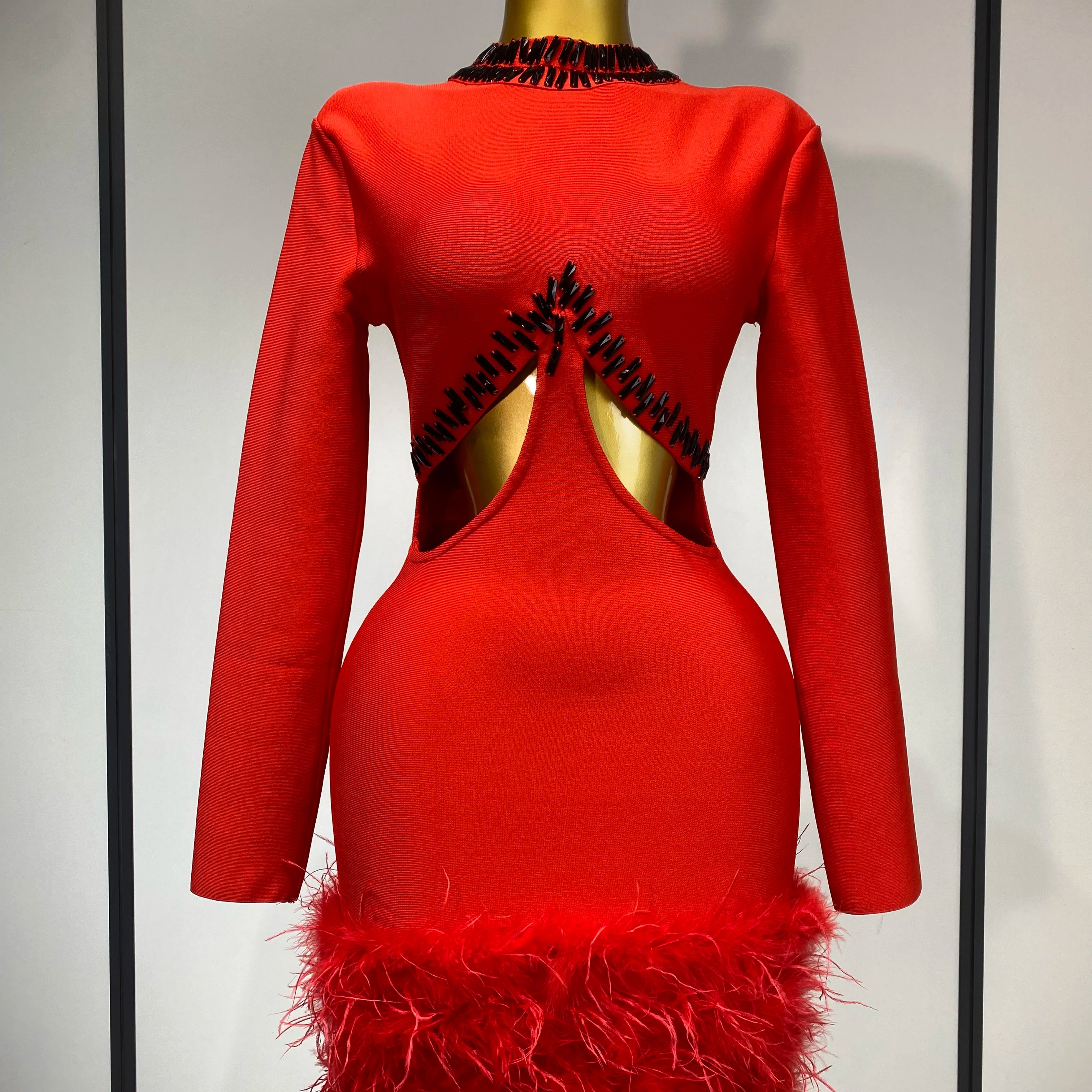 Women Sexy Cut Out Long Sleeve Beading Feather Red Mini Bandage Dress Celebrity Elegant Evening Party Luxury Birthday Dresses Red