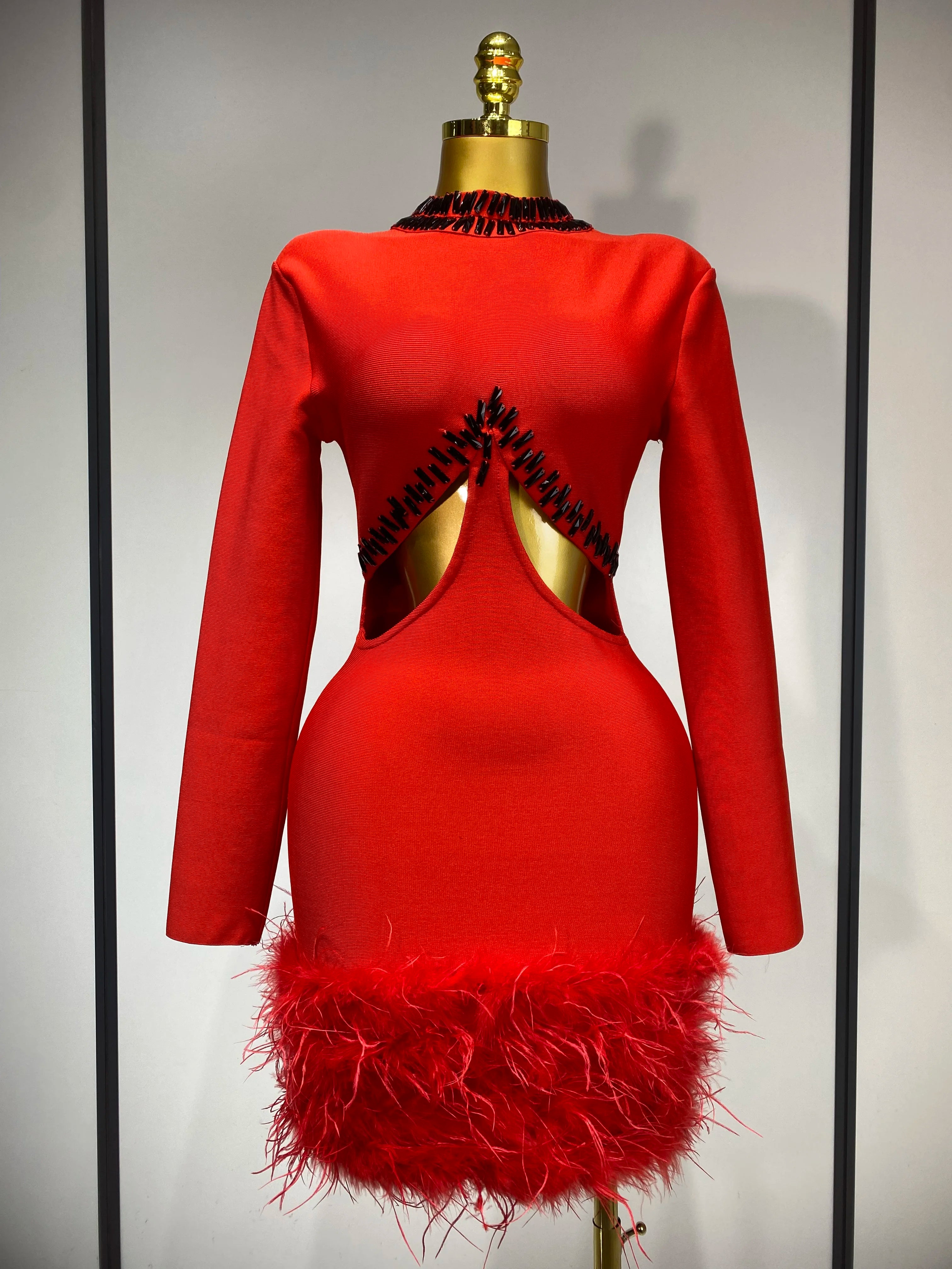 Women Sexy Cut Out Long Sleeve Beading Feather Red Mini Bandage Dress Celebrity Elegant Evening Party Luxury Birthday Dresses Red