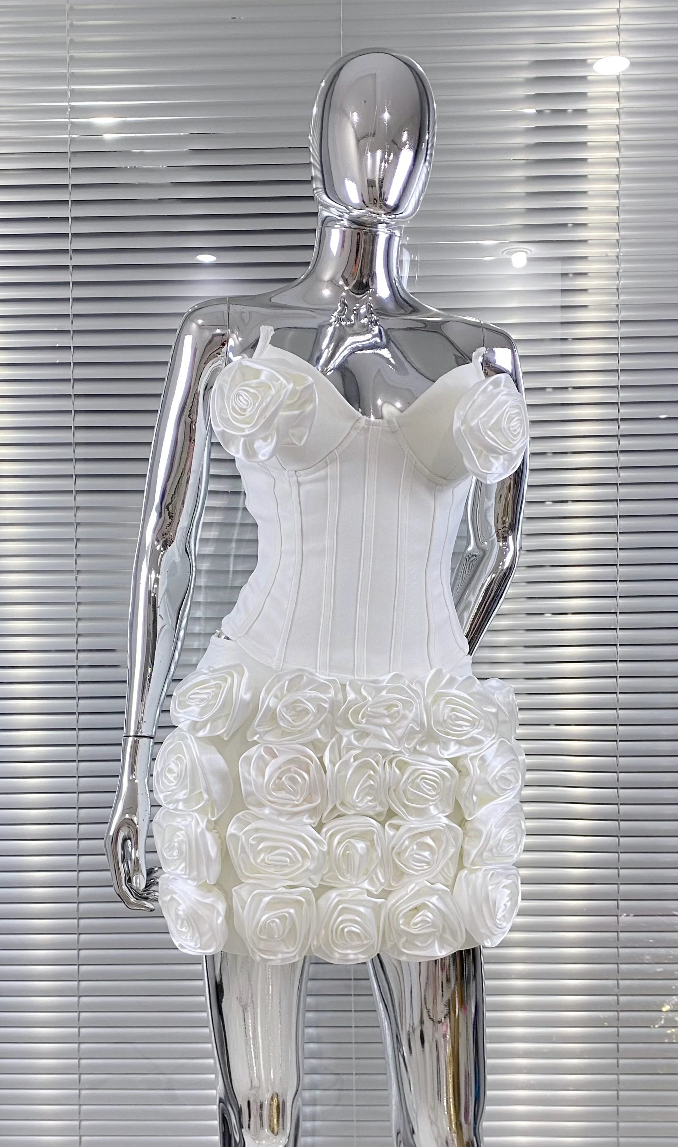 New White Color Women Sexy Full Florals 2 Pieces Bodycon Mini Bandage Dress Celebrate Nightclub Party Birthday Vacation Wear