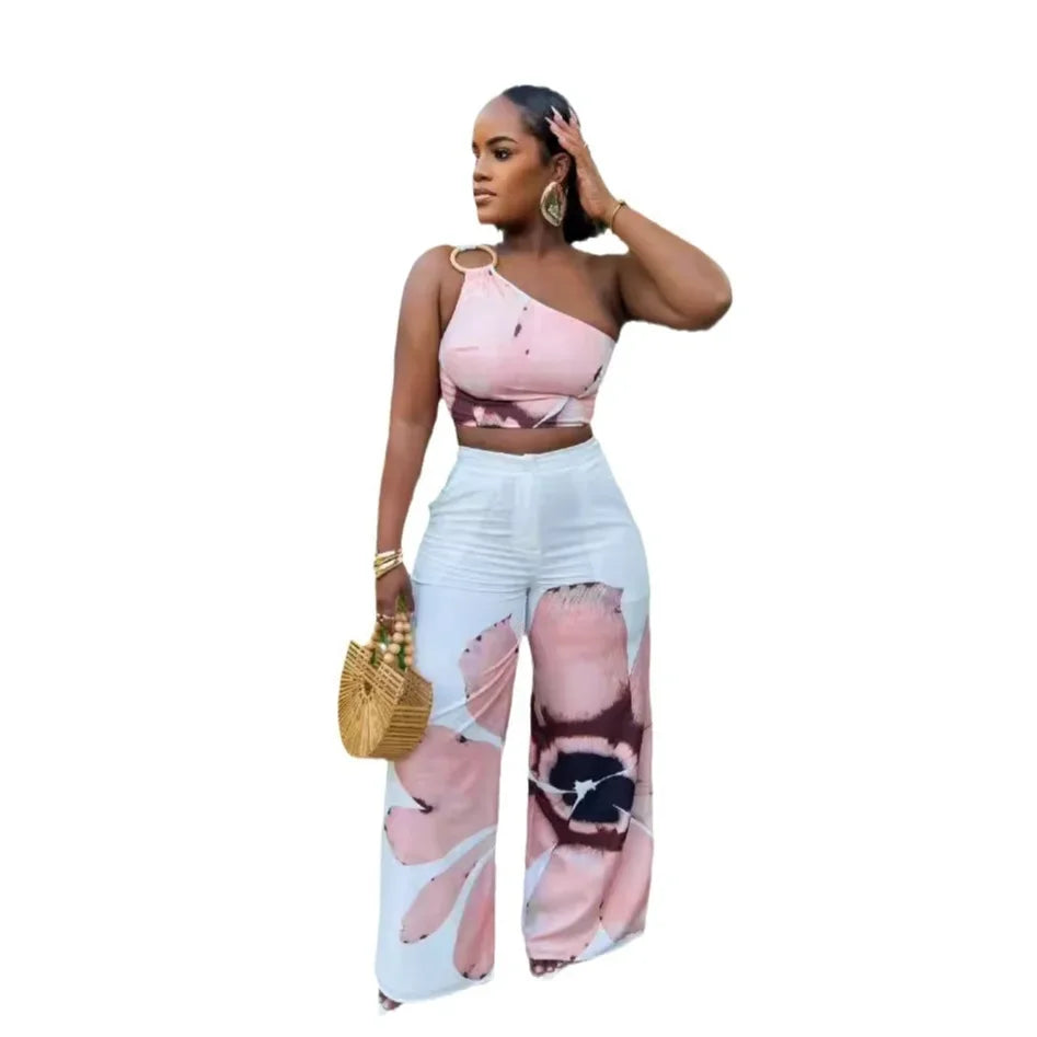 Women Set Floral Print Sleeveless Skew Collar Tops +Wide Leg Pants Two 2 Piece Set Outfit 2024 Summer Street Tracksuit Pink
