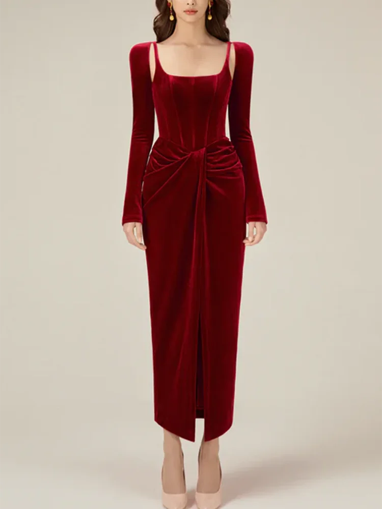 Solid Patchwork Folds Elegant Dresses For Women Square Collar Long Sleeve High Waist Split Slimming Dress Female