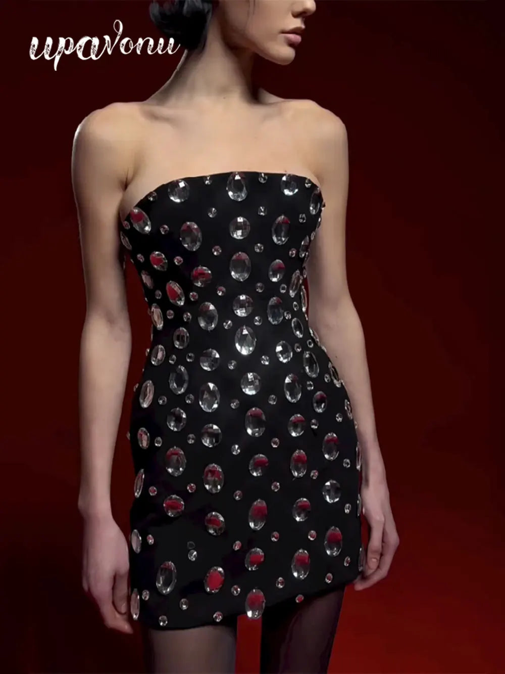 2025 Spring Sexy Women's Light Luxury Nail Bead Bandage Dress Strapless Sleeveless Bodycon Bareback Mini Dresses Party Vestidos