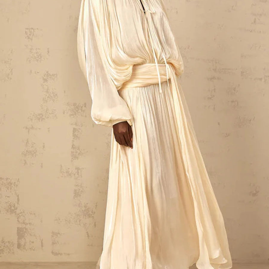 Solid Loose Spliced Folds Elegant Dresses for Women Round Neck Long Sleeves Patchwork Lace Up Dress Female Fashion