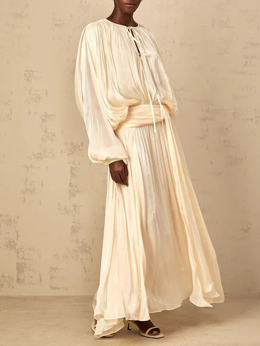 Solid Loose Spliced Folds Elegant Dresses for Women Round Neck Long Sleeves Patchwork Lace Up Dress Female Fashion