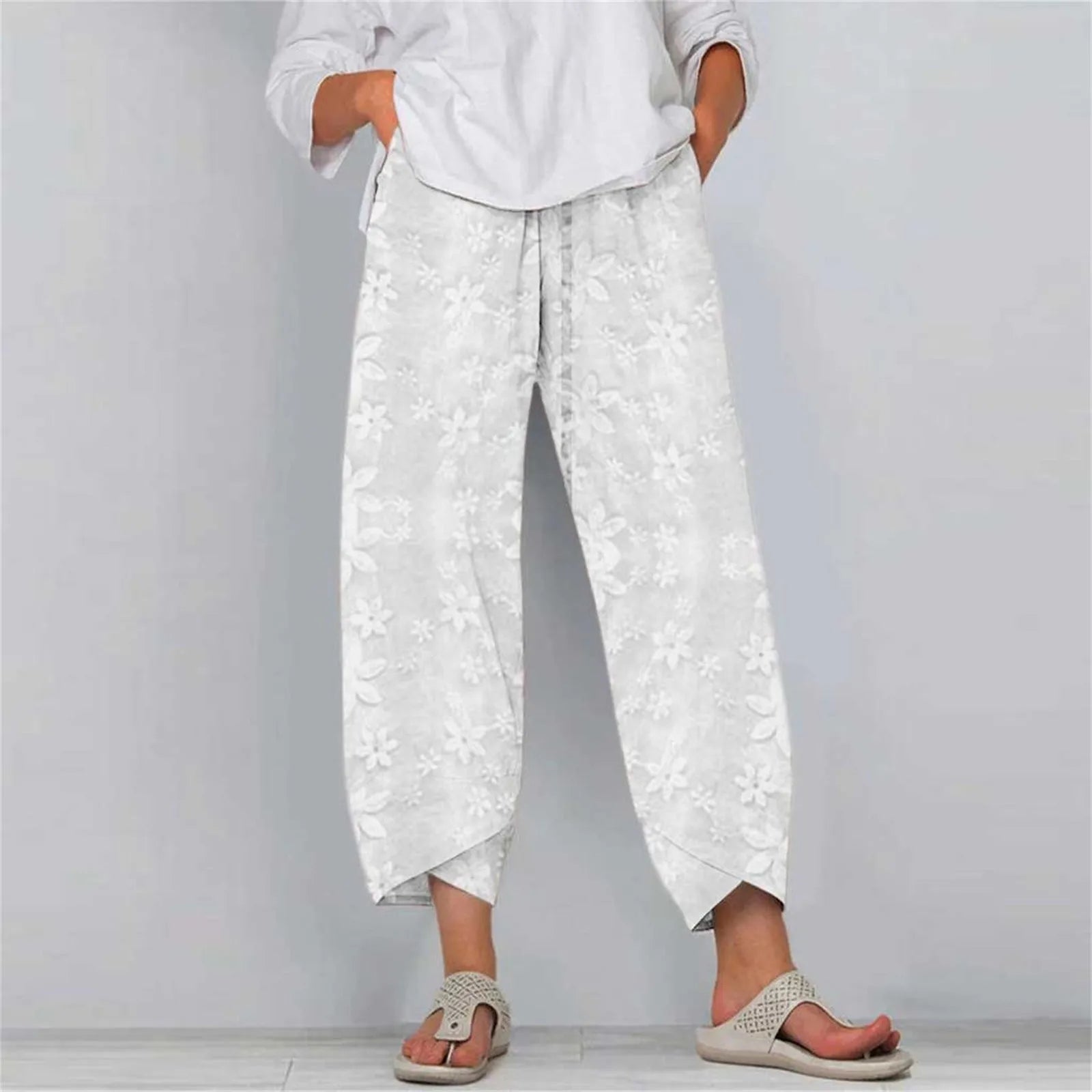 Womens Lace Knit Jogging Pants Trendy Solid Color Floral Harem Pants Loose Double Pocket Trousers Hawaiian Beach Vacation Pants