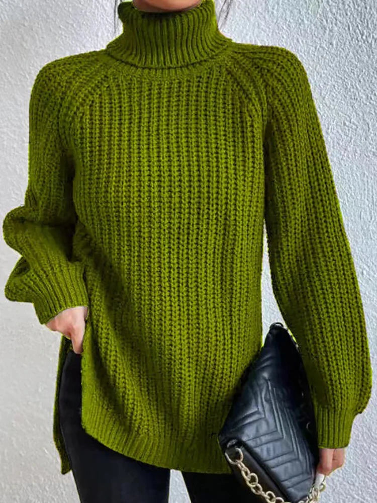 Women Winter Turtleneck Loose Sweater Elegant Drop Sleeve Side Split Pullover Vintage Harajuku Chic Jumpers Oversized knit Tops green