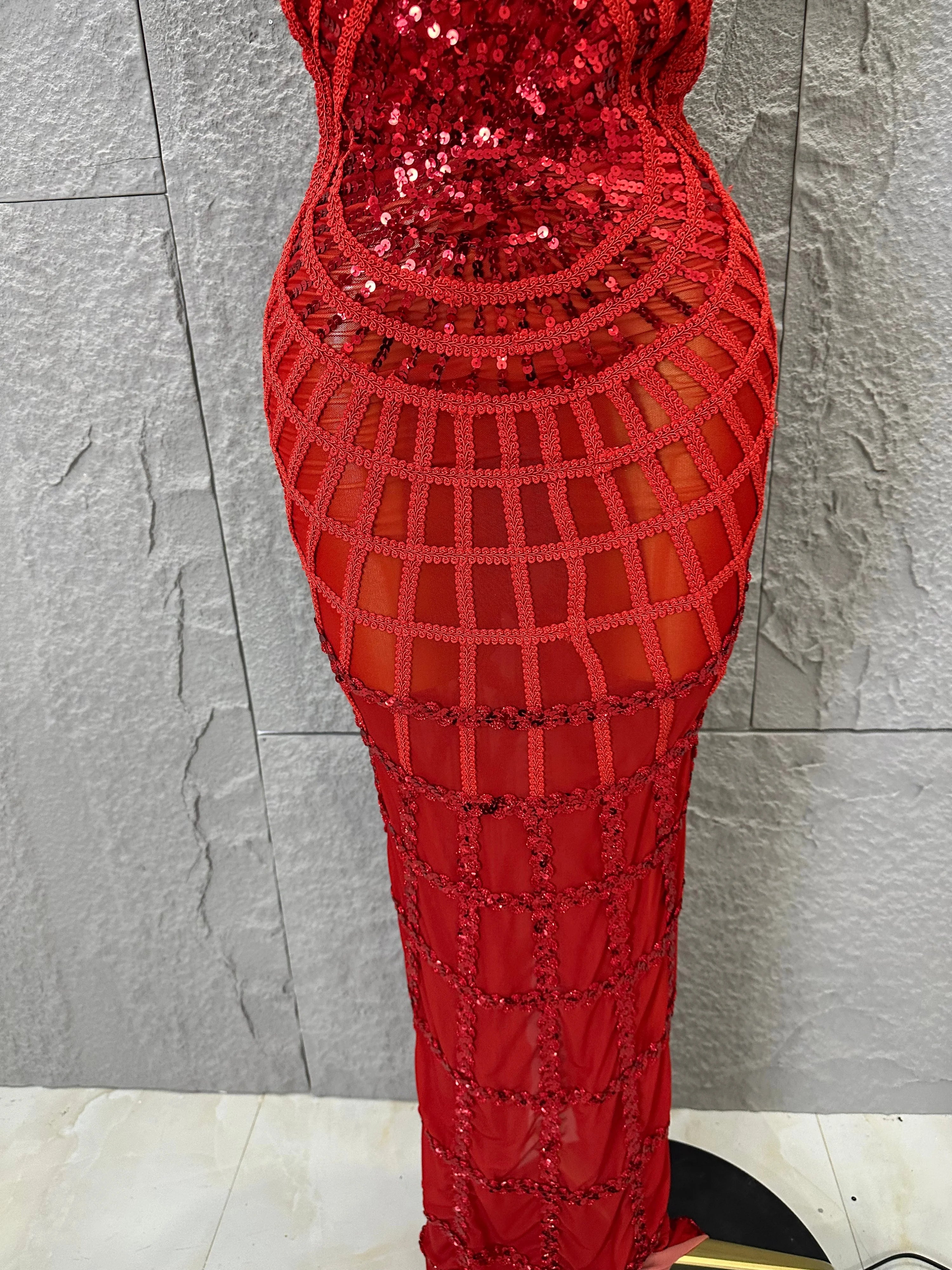 Women Sexy Strapless 3D Grid Embellished Bodycon Mermaid Outfit Stage Performance CostumeElegant Sequined Sheer Mesh Maxi Dress