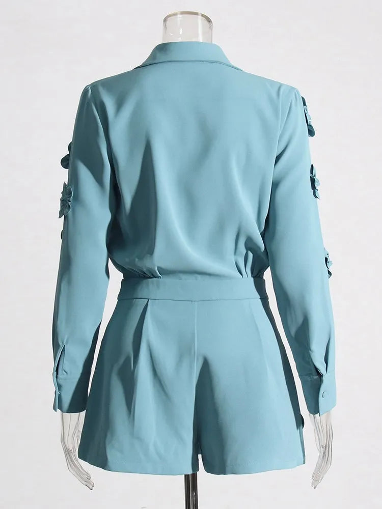 VGH patchwork appliques solid slimming jumsuit for women lapel long sleeve high waist temperament jumpsuits female fashion new