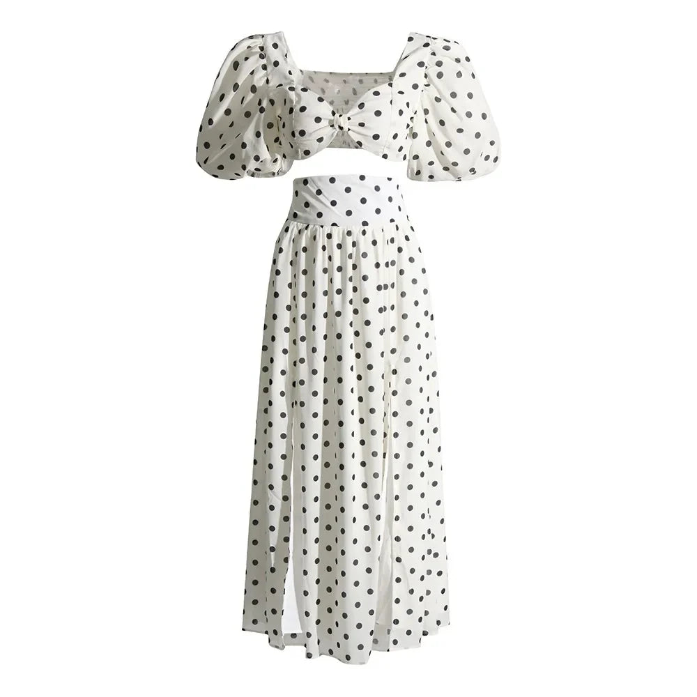 elegant Polka dot two piece sets square collar puff sleeve tops high waist split skirt chic set female fashion 2023 WHITE