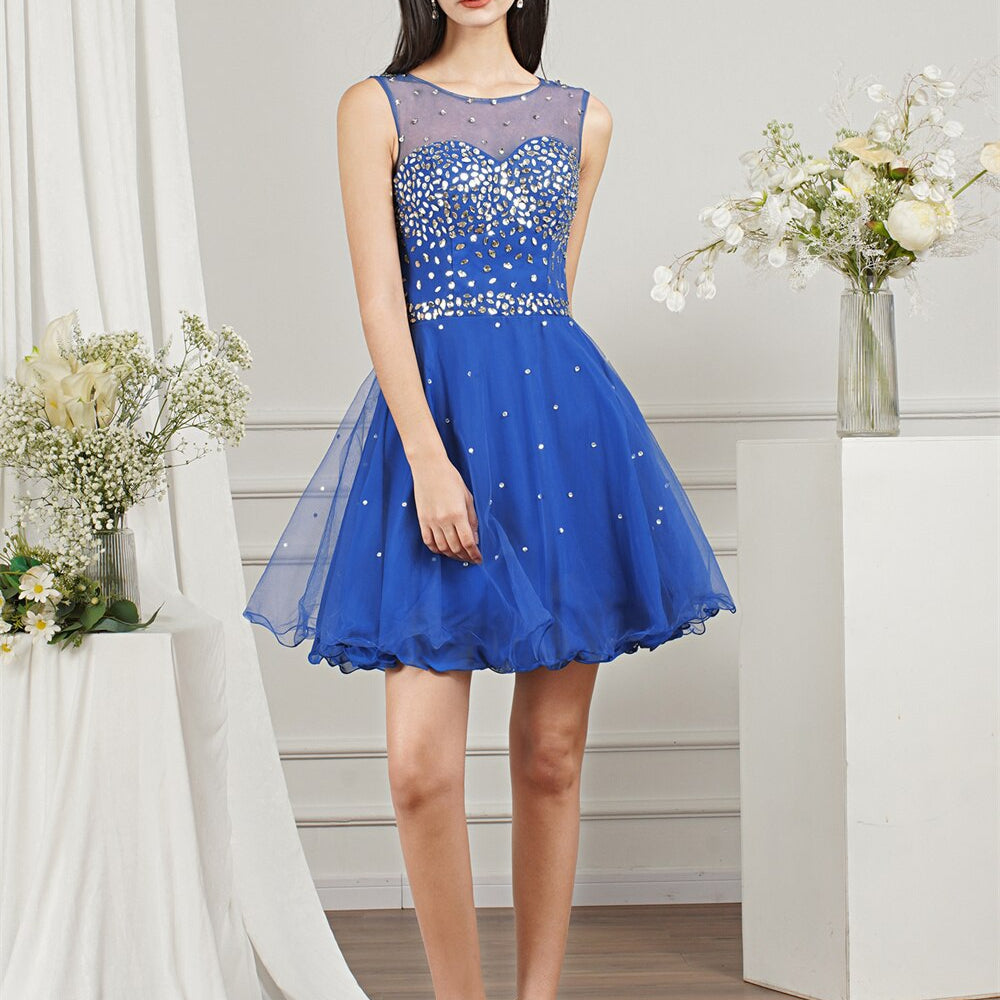 Royal Blue Short Homecoming Dress For Juniors Cocktail Party Beading Tulle O Neck Backless A Line Mini Prom Dresses Women
