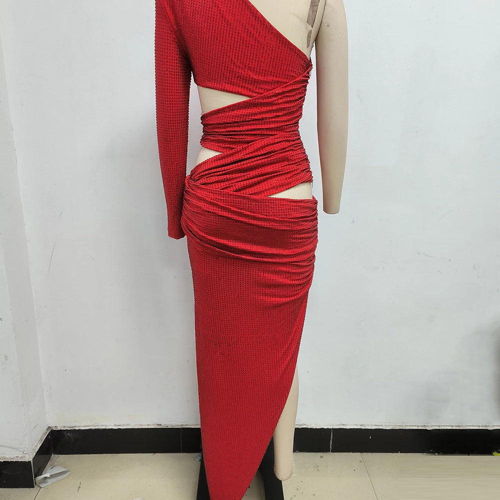 Sexy One Shoulder Hollow out Diamonds Long Dress Women Asymmetrical Cut Out Luxury Rhinestone Slim Dresses Evening Party Gowns