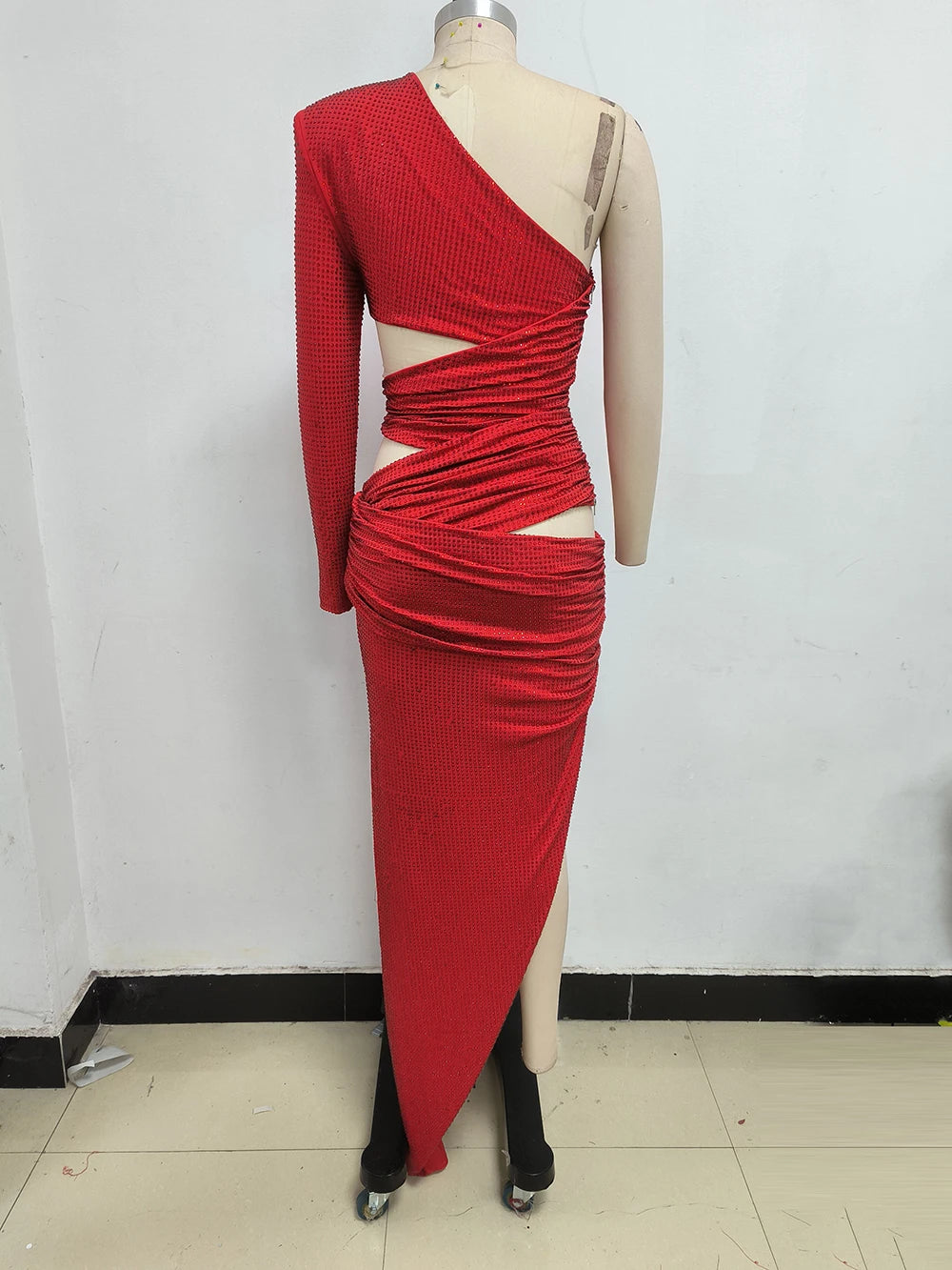 Sexy One Shoulder Hollow out Diamonds Long Dress Women Asymmetrical Cut Out Luxury Rhinestone Slim Dresses Evening Party Gowns