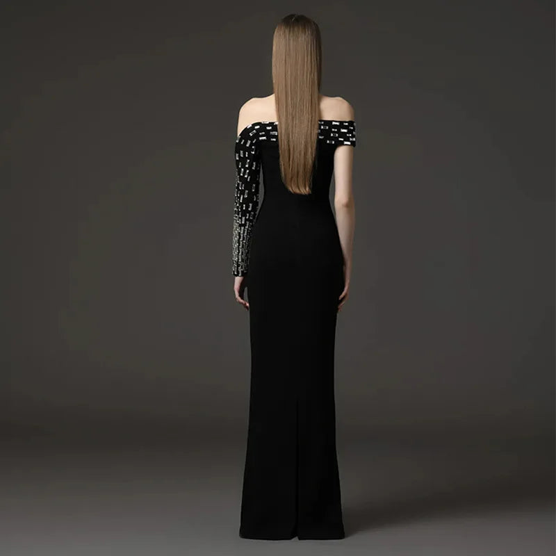 Top Quality Women Sexy One Shoulder Sparkly Crystal Bodycon Long Bandage Dress Evening Party Red Carpet Fashion Outfit Vestido