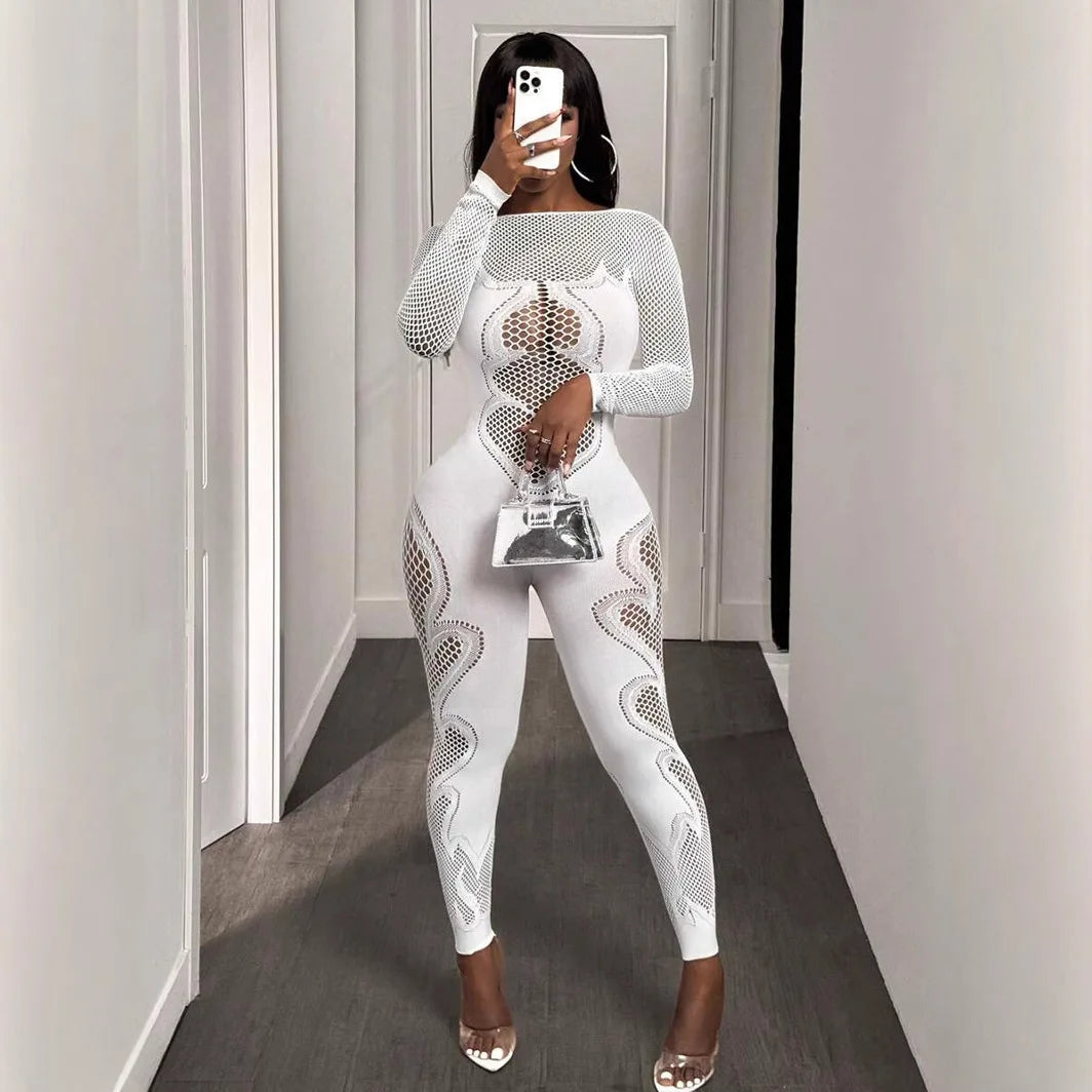 2025 O-neck Full Sleeve Women Mesh Hollow Out Jumpsuits Casual Night Club Sexystreet Sexy Perspective Outfits Rompers White One Size