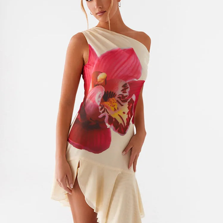 Mozision Skew Collar Ruffled Print Sexy Mini Dress For Women Off-shoulder Sleeveless Backless High Waist Printed Dress Vestido