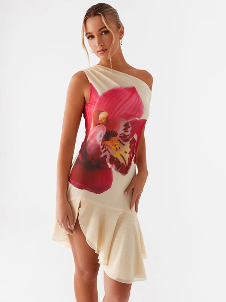 Mozision Skew Collar Ruffled Print Sexy Mini Dress For Women Off-shoulder Sleeveless Backless High Waist Printed Dress Vestido