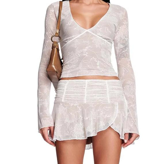 Y2K 2 Piece Mini Skirt Sets Sexy Mesh Sheer Lace Ruffle Outfits V Neck Beach Suits 2024 Summer Night Clubwear