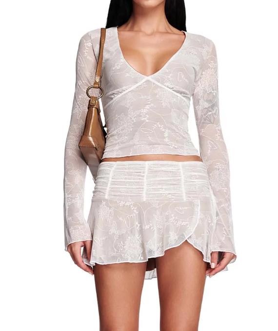 Y2K 2 Piece Mini Skirt Sets Sexy Mesh Sheer Lace Ruffle Outfits V Neck Beach Suits 2024 Summer Night Clubwear