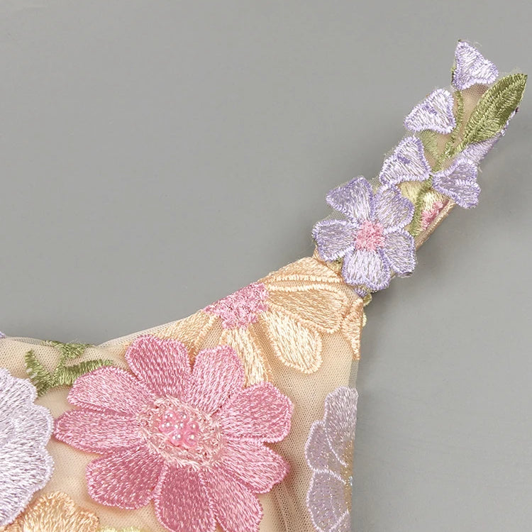 Glamorous Floral Embroidered V-Neck High Slit Dress Gown for Spring Fashion Galas Garden-Themed Weddings