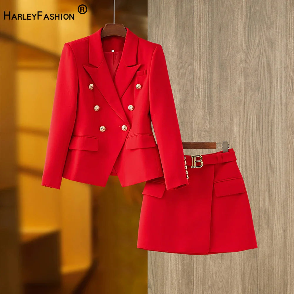 Wow Amazing Elegant Lady Stunning Blazer 2PCS Sets Red Mini Skirt With Blet Work Wear Women Luxury Suit