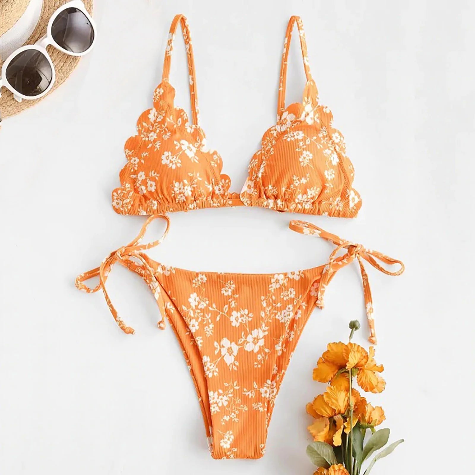 Bikini Women Y2k Two Piece Floral Print Swimsuit Trendy Suspender Lace Up Bikini Swimwear Summer Hawaiian Bathing Suit Orange
