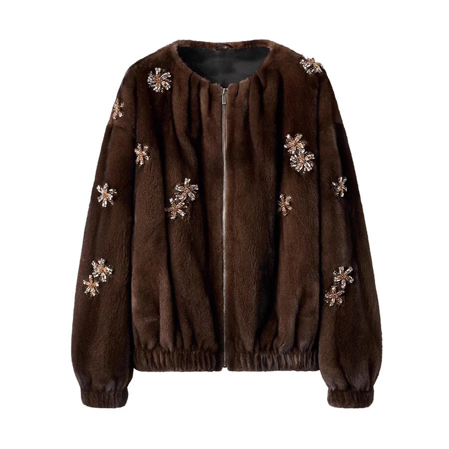 Lautaro Winter Luxury Elegant Thick Warm Soft Brown Short Faux Mink Fur Coat Women Beading Loose Stylish Chic Fluffy Jacket