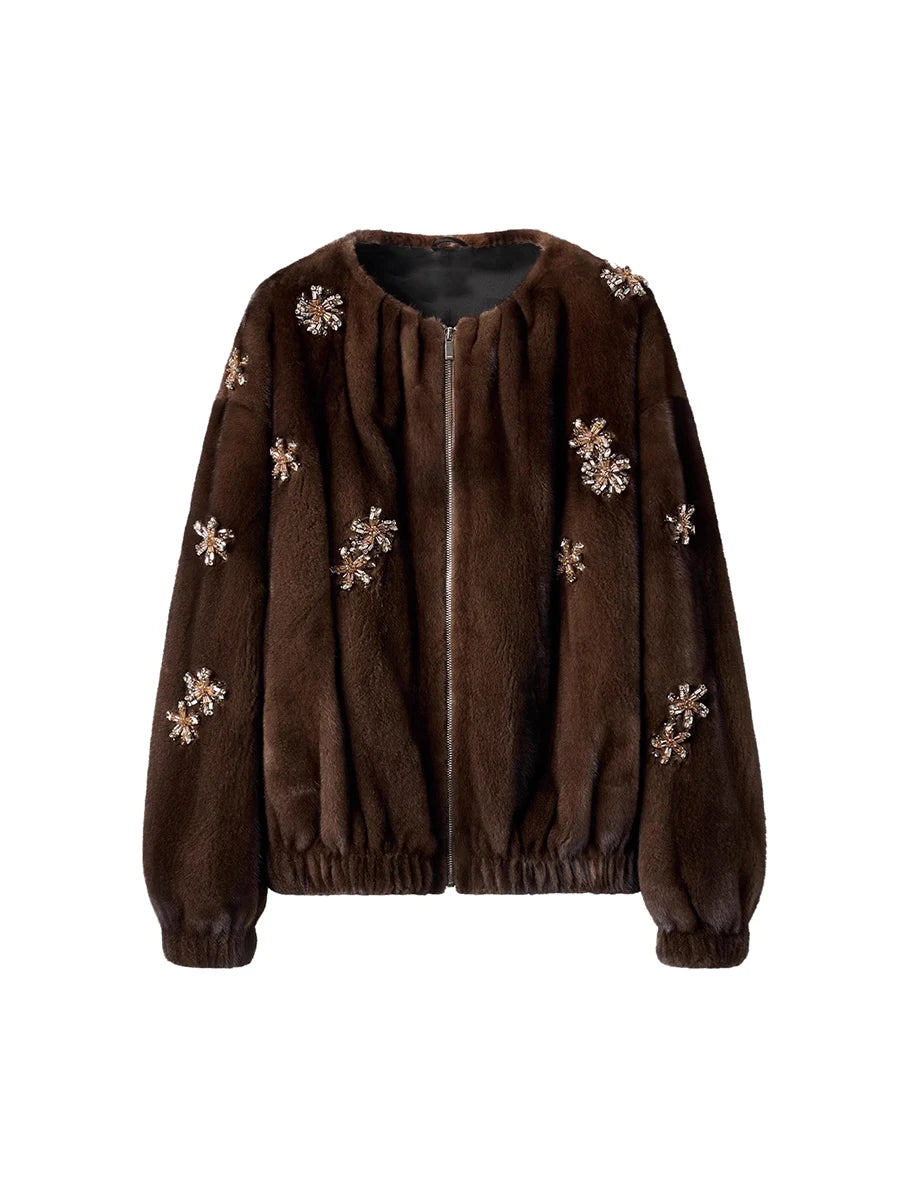 Lautaro Winter Luxury Elegant Thick Warm Soft Brown Short Faux Mink Fur Coat Women Beading Loose Stylish Chic Fluffy Jacket