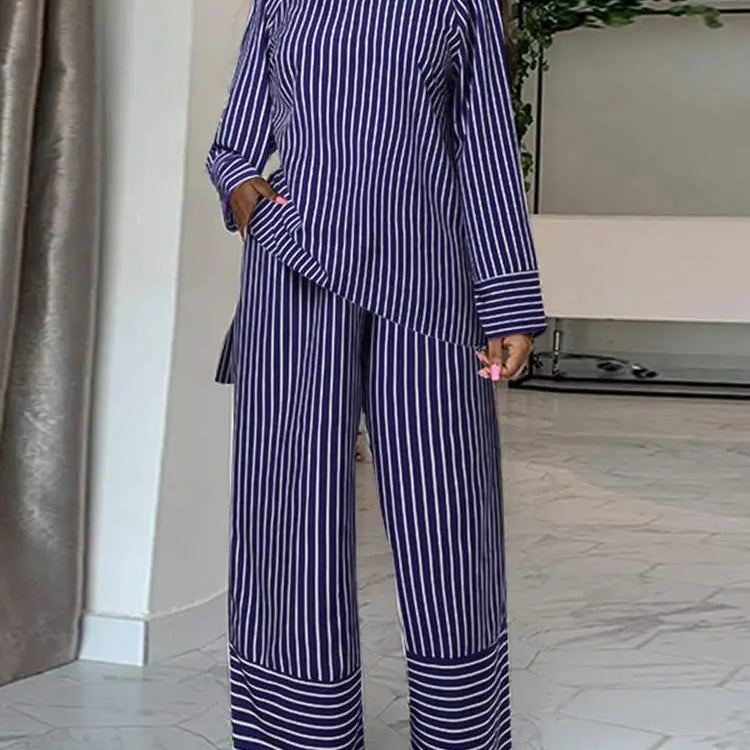 Plus Size 5XL VONDA Women Stripe Pant Sets 2024 Summer Fashion Long Sleeve Tops and High Waist Pants Casual Loose Elegant Suit Dark Blue