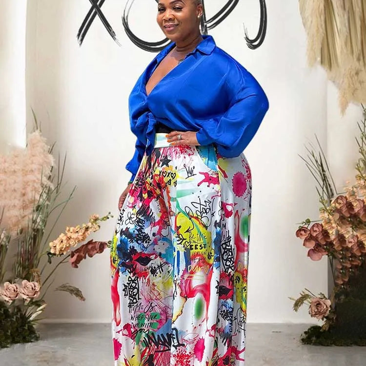 2piece Woman Outfit Streetwear Blue Silk Blouses Women Plus Size Autumn Top and Pants Suits 4xl Casual Female Pants Sets