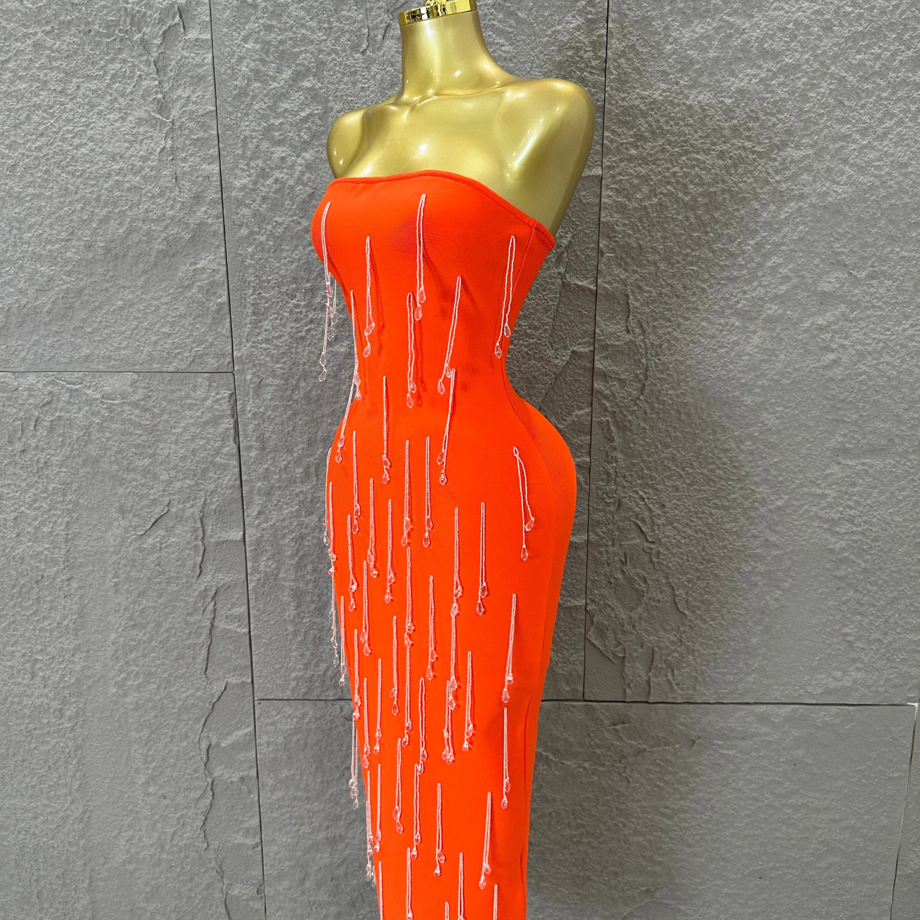 Elegant Orange Crystal Tassel Midi Dress Women Sexy Strapless Rhinestone Fringe Bodycon Slim-fit Outfit Evening Gala Costume