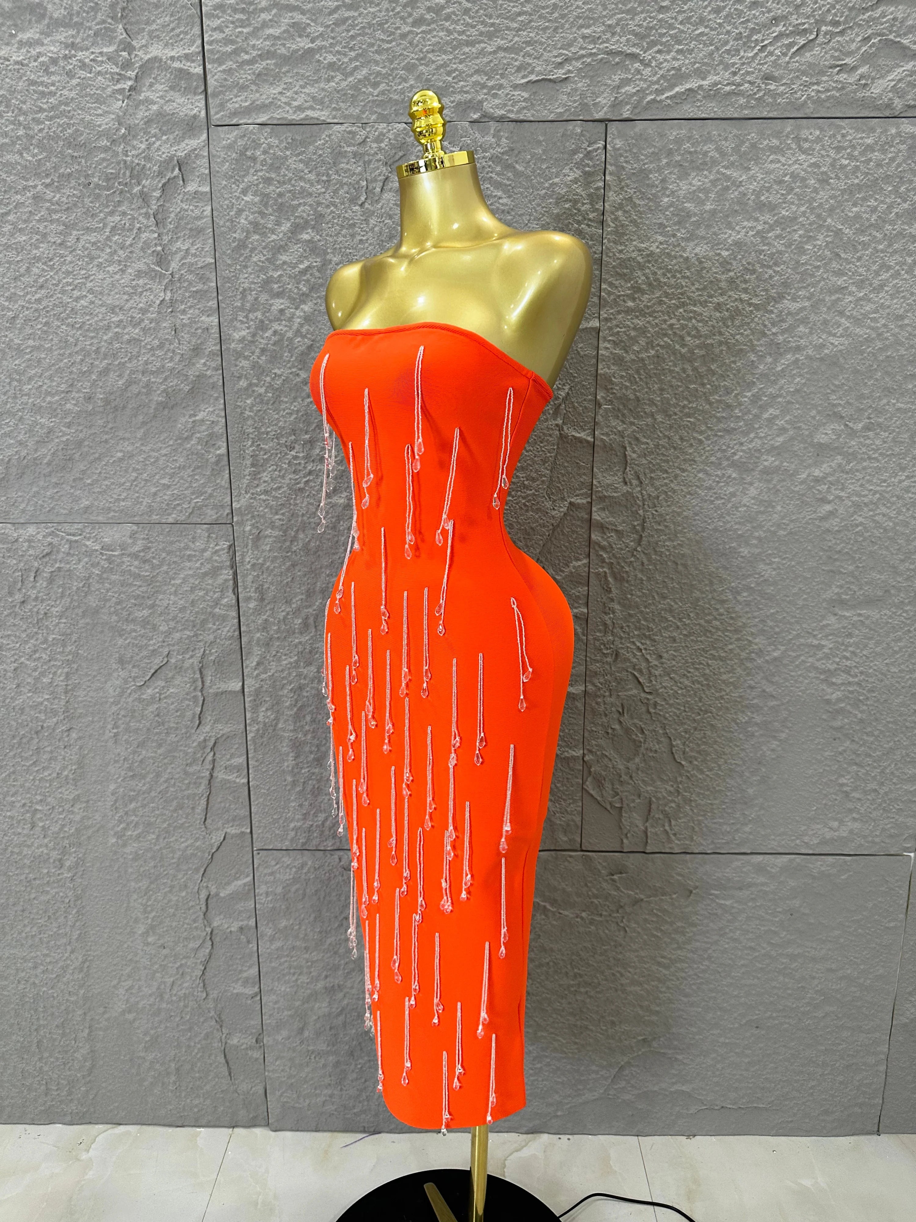 Elegant Orange Crystal Tassel Midi Dress Women Sexy Strapless Rhinestone Fringe Bodycon Slim-fit Outfit Evening Gala Costume