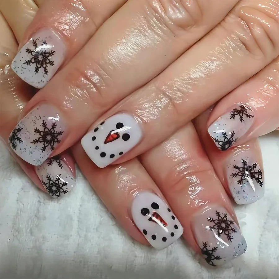 24pcs/set short fake nails for Christmas Square ballet winter false nail tips snow flakes christmas tree snowman press on nails 1646