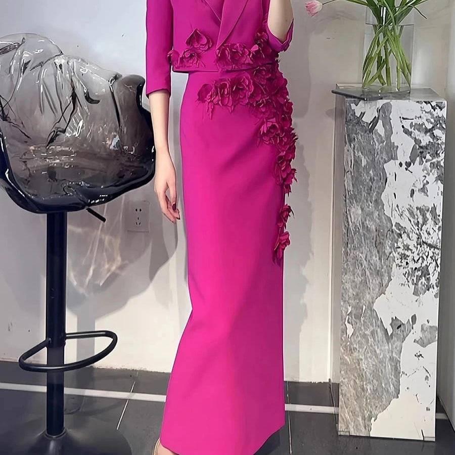 Solid Slimming Spliced 3D Flower Two Piece Sets for Women Lapel Half Sleeves Short Top High Waist Skirt Set Female ROSE