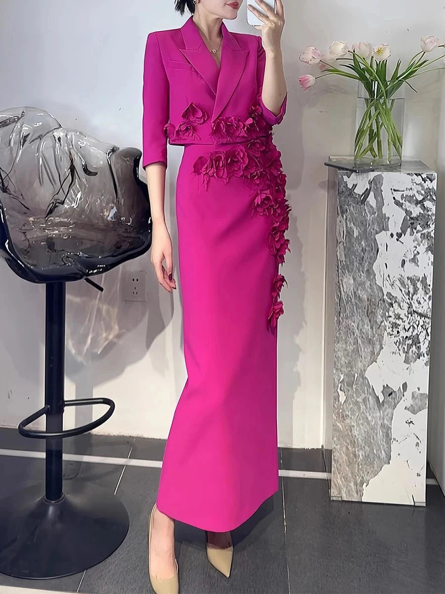 Solid Slimming Spliced 3D Flower Two Piece Sets for Women Lapel Half Sleeves Short Top High Waist Skirt Set Female ROSE