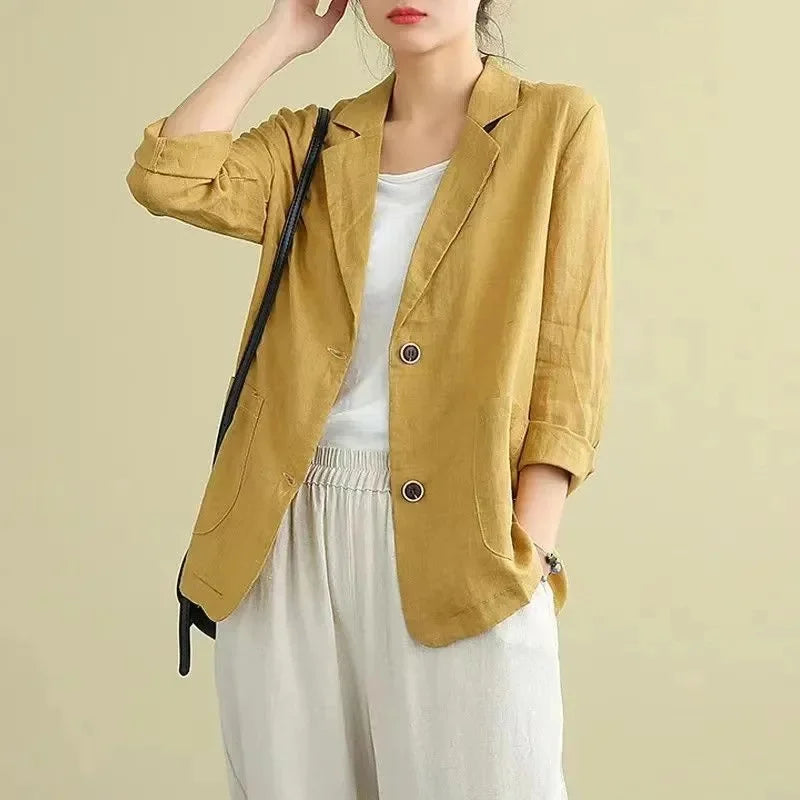 Ladies Cotton Linen Blazer Outerwear Korean Female Short Long Sleeved Suit Coat Spring Autumn Women Loose Fitting Blazer Jacket Yellow