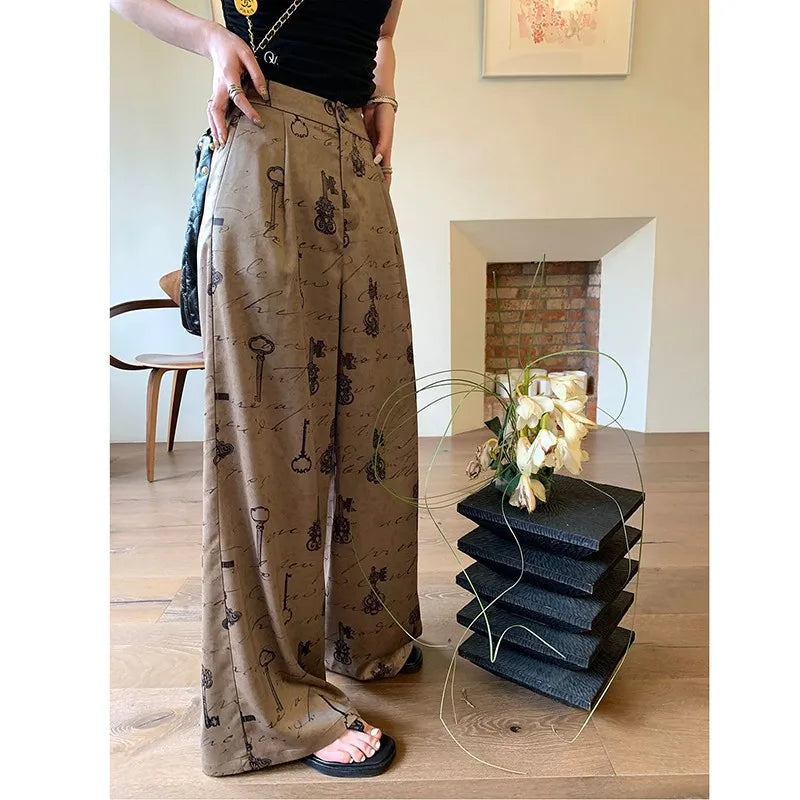 Summer Korean Style Women Vintage Print Ankle-length Pants Casual Loose Button Fly Waist Wide Leg Pants