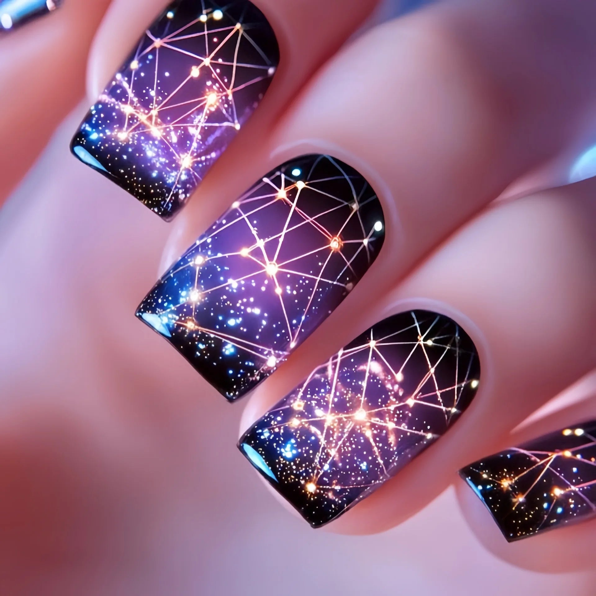 24pcs Romantic Sky Press on Nail Pink Purple Gradient Starry Sky False Nails Wearable European Square Head Fake Nails for Women 2