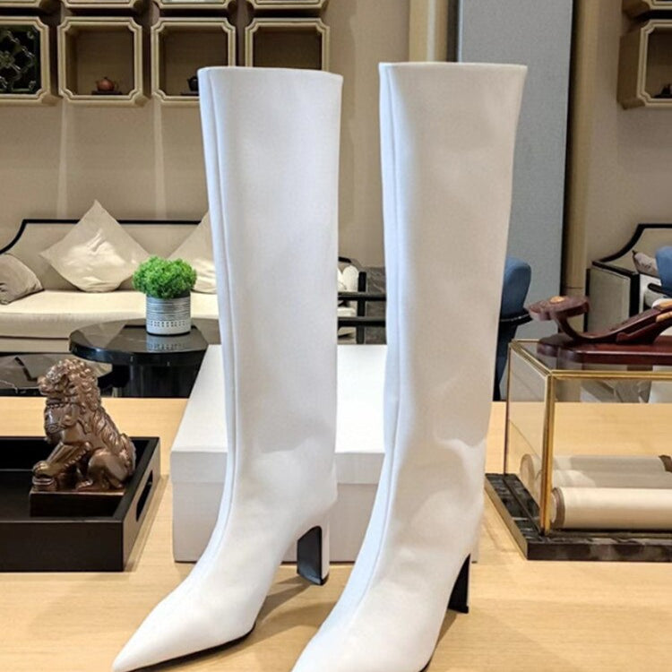 Women's New Pointed Thick Heel Sleeve Knee High Boots Fashion Fashion Show Gold Large Winter Boots 263white