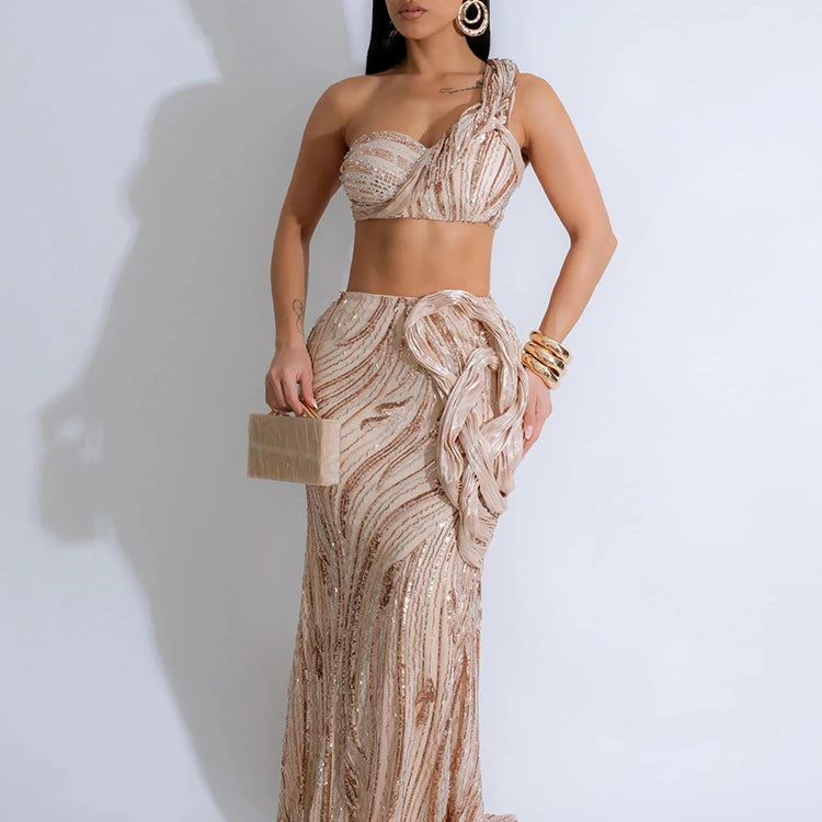 Women’s Dress Set Mesh Sequined Ribbon Sleeveless Strap Top + Long Skirts Sets 2 Two Pcs Sets Sexy Party Evening Oufits