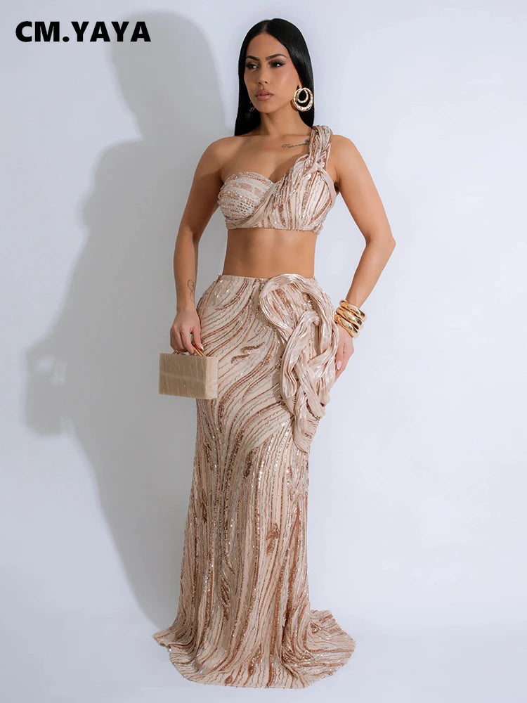 Women’s Dress Set Mesh Sequined Ribbon Sleeveless Strap Top + Long Skirts Sets 2 Two Pcs Sets Sexy Party Evening Oufits