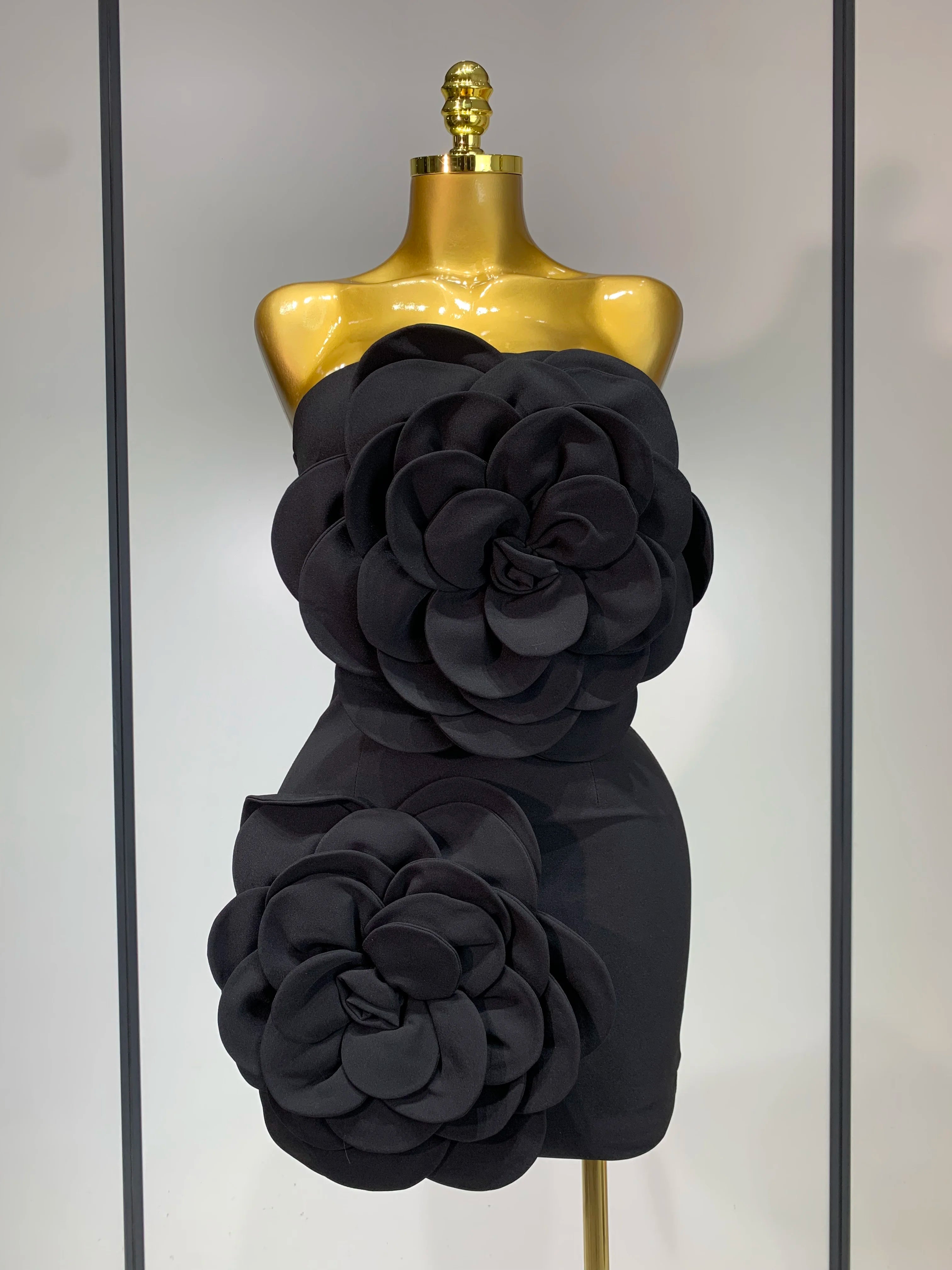 Women Sexy Strapless Backless Flower Black Mini Bodycon Dress 2025 Celebrity Elegant Evening Club Party Outfit Birthday Dresses black